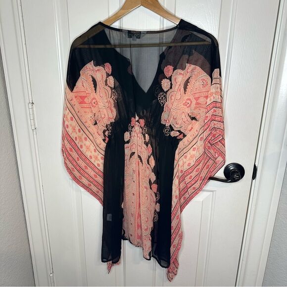 Y2K Tramp Pink Black Floral Paisley Kaftan Swim Coverup Tunic Sz S Coastal Boho - Picture 3 of 8
